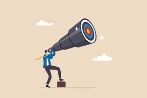 Search for business target or goal, mission or objective to achieve, discover purpose or find strategy to reach goal or destination concept, businessman look through telescope to find target or goal. vector