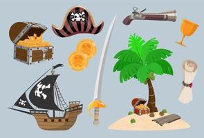 conjunto de objetos de arma de juego vectorial de dibujos animados piratas. colección de elementos de aventura marina vector