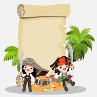 Pirate cartoon character with treasure scroll map and copy space vector