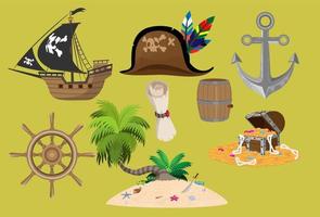 Pirate cartoon vector game weapon object set. Sea adventure element collection