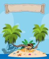 The pirate treasure island scene has a treasure chest filled with gold coins, gems and pearls. vector