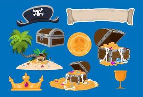 Pirate cartoon vector game treasure object set. Sea adventure element collection