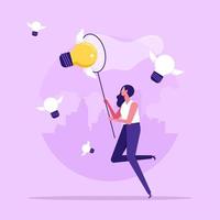 Capture new business ideas, search for innovation or creativity, brainstorm or invent new discovery project concept, businesswoman chasing and catch flying lightbulb ideas with butterfly net vector