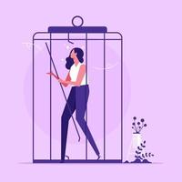 Freedom and new life opportunities concept, woman running out of cage feeling confident and full of energy and ideas vector illustration