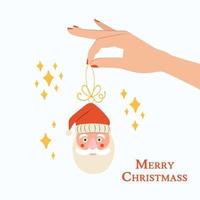 Woman hand with red New Year toy and manicure. Christmas toy of Santa vector illustration
