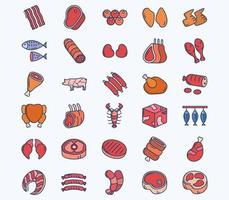 conjunto de iconos de carne y no vegetales, trozo de carne, vector de carne animal