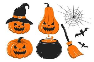 Happy Halloween. Set with pumpkins, cobwebs, spider, bat, with a vat of potion and a broom.  Vector illustration for Holiday poster, greeting card.