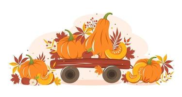 Card design with autumn colorful leaves, harvest pumpkin and fruit on cart. Happy thanksgiving. Vector illustration for holiday greeting card, banner, poster.