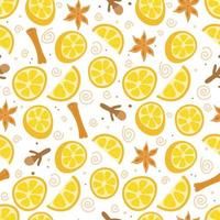 mulled wine seamless pattern with cinnamon,oranges, anise stars, and cloves. Christmas decoration. Stock vector illustration on a white background.