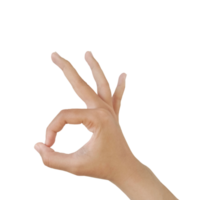 primer plano de la mano femenina asiática mostrar gesto de pellizco hecho, ok firmar dedo brazo y mano aislado en un fondo blanco copia espacio símbolo lenguaje ok png
