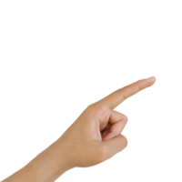 Close up Asian female 15-20 age hand pointing with index finger touching or pressing, sign arm and hand isolated on a white background copy space symbol language png