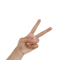 Schließen Sie herauf asiatische weibliche Hand in der Scherengeste, Nummer zwei, siegreiche Geste, unterzeichnen Sie Fingerarm und Hand, die auf einem weißen Hintergrundkopierraumsymbol lokalisiert werden png