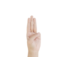 primo piano donna asiatica 15-20 anni mostra a mano numero tre dito, segno braccio e mano isolati su sfondo bianco spazio copia linguaggio dei simboli png