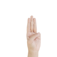 Close up Asian female15-20 age hand show Number three finger, sign arm and hand isolated on a white background copy space symbol language png