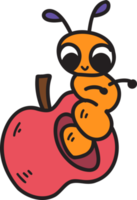 Hand Drawn cute worm on apple illustration on transparent background png