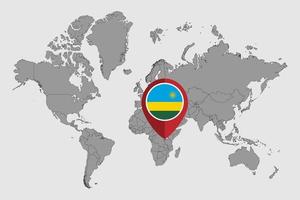 Pin map with Rwanda flag on world map. Vector illustration.