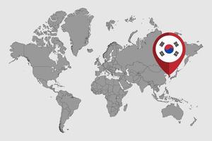 Pin map with South Korea flag on world map. Vector illustration.