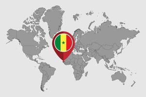 Pin map with Senegal flag on world map. Vector illustration.