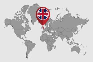 pin mapa con la bandera del Reino Unido en el mundo map.vector ilustración. vector
