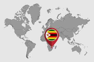 Pin map with Zimbabwe flag on world map. Vector illustration.