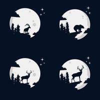 conjunto de silueta de animales salvajes en la ilustración de vector de luna