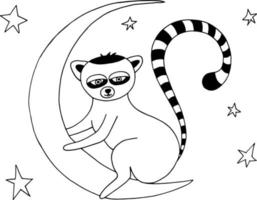 lemur sitting on the moon icon. hand drawn doodle style. vector, scandinavian, nordic, minimalism, monochrome. Nursery room decor, children print. cute animal. newborn, sticker poster card vector