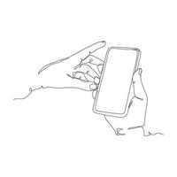 dibujo de línea continua de la persona que sostiene el teléfono inteligente vector