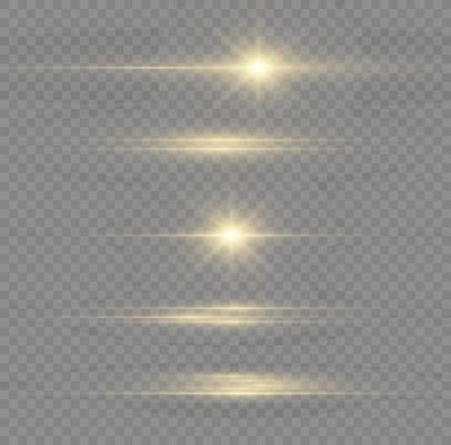 Yellow horizontal lens flares pack. Laser beams, horizontal light rays. Beautiful light flares. Flash light with fairy dust sparks and golden stars shine. Dusty shine light.