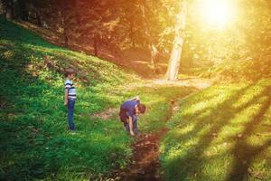 Small boys playing by the creek in the forest. photo