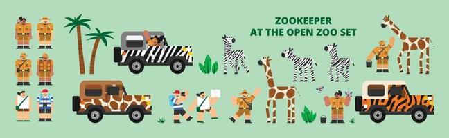 cuidador del zoológico en el zoológico abierto establecer ilustración de personaje de diseño plano vector