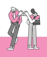 Shy Couple Doing the Heart Sign Hand Drawn Character Illustration vector
