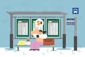 Sad Business Woman at the Bus Stop Flat Design Character Illustration vector