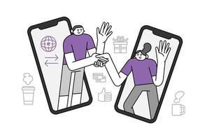 Digital Team Work Through Mobile Phone Hand Drawn Character Illustration vector