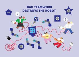 Poor Teamwork Destroys the Robot Flat Design Character Illustration