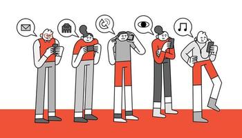 Playing Phone while Queuing People Hand Drawn Character Illustration vector