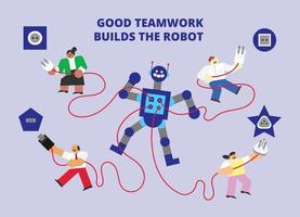 Teamwork Builds the Robot Flat Design Character Illustration vector