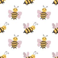 Cute cartoon bees seamless pattern on white background. Summer backdrop. Hand drawn fabric, textile graphic design. vector