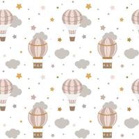 Hot air balloon nursery seamless pattern with clouds, stars. Isolated on white background. Design for fabric, textiles or wallpaper. vector