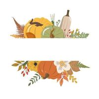 Autumn seasonal horizontal frame with colorful pumpkins, flowers, forest leaves. Isolated on white background. Autumn frame design template print. Vector illustration. Nature design.