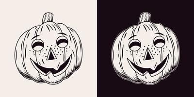 Halloween pumpkin with happy grinning smile, cute grimace. Stylized as baby face with freckles. Traditional jack o lantern. Monochrome vector illustration isolated on a white, black background.