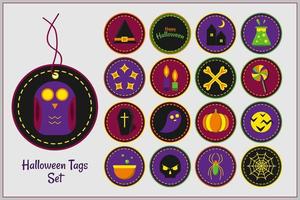 Set of Halloween tags isolated on white. Owl, hat, flask, stars, candle, bone, lollypop, coffin, ghost, pumpkin, moon, pot, skull, web, spiderweb. Vector