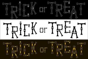 Set of 3 inscriptions Trick or Treats of bone letters for Halloween holiday. Glowing yellow, black silhouette, white contour letters. Vector. vector