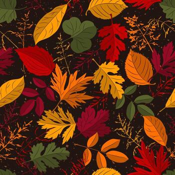 patrón vectorial sin costuras con hojas de otoño coloridas superpuestas, hierba sobre fondo oscuro. vector