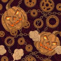 Seamless halloween pattern in steampunk style with copper halloween pumpkin, rusty gears, rough chains. Textured dark red background with contour gears wheels. Creative fantasy concept. vector