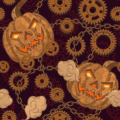 Seamless halloween pattern in steampunk style with copper halloween pumpkin, rusty gears, rough chains. Textured dark red background with contour gears wheels. Creative fantasy concept.