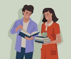 Girl and guy with books. Vector image.