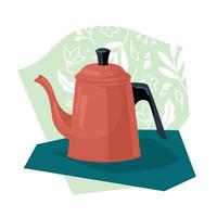 Kettle. Enamel teapot on the background of floral ornament. Vector image.