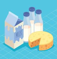 milk bottles and box with cheese vector