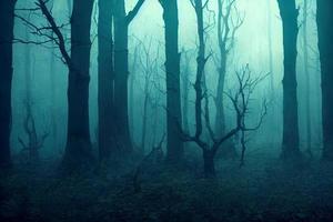 paisaje de fondo oscuro del bosque de niebla embrujada, concepto espeluznante y aterrador, representación 3d foto