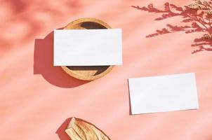 disposición plana de la tarjeta de identidad comercial de marca sobre fondo naranja con flores y hojas secas, concepto mínimo de luz y sombra para el diseño, estilo de temporada de otoño
